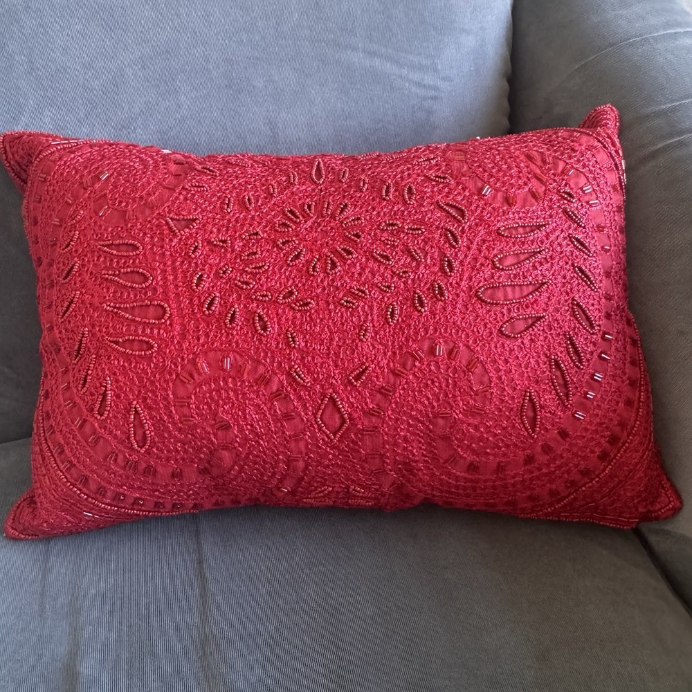 Pier 1 Imports ~ Red Beaded Throw Pillow ~ Rectangular ~ Shiny ~ Lumbar 16" x 9"